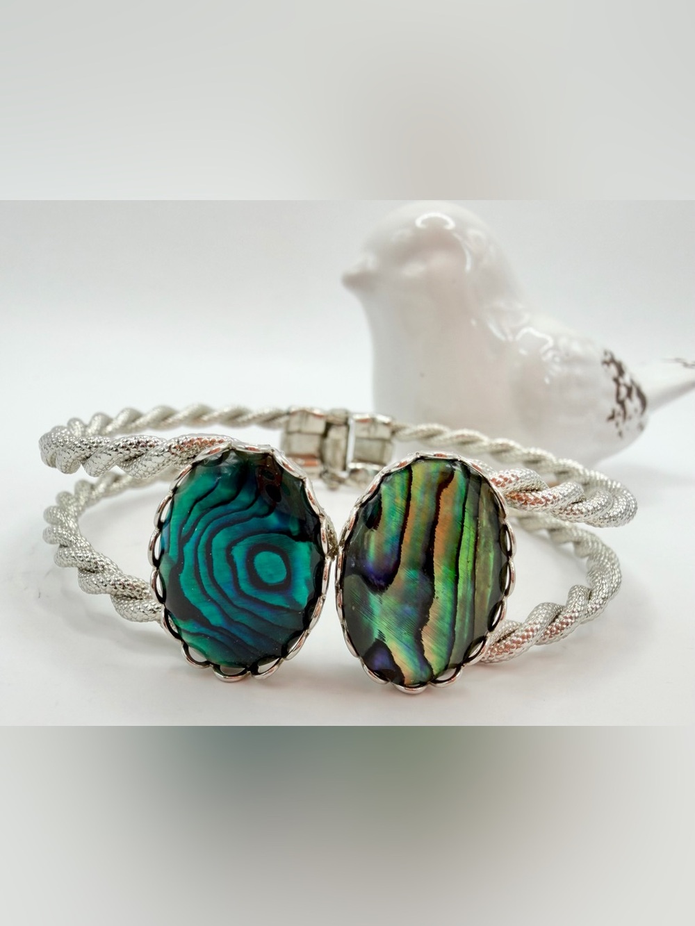 Silver-Tone Twisted Double Cuff Bracelet with Blue-Green Abalone Discs